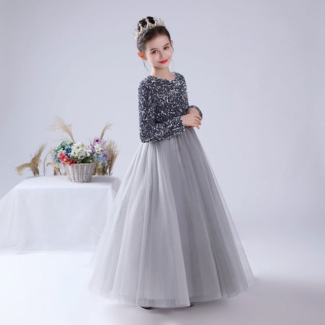 Dideyttawl Winter Glitter Sequins Long Sleeves Flower Girls Dresses For Wedding Tulle Birthday Party Christmas Dress For Girl