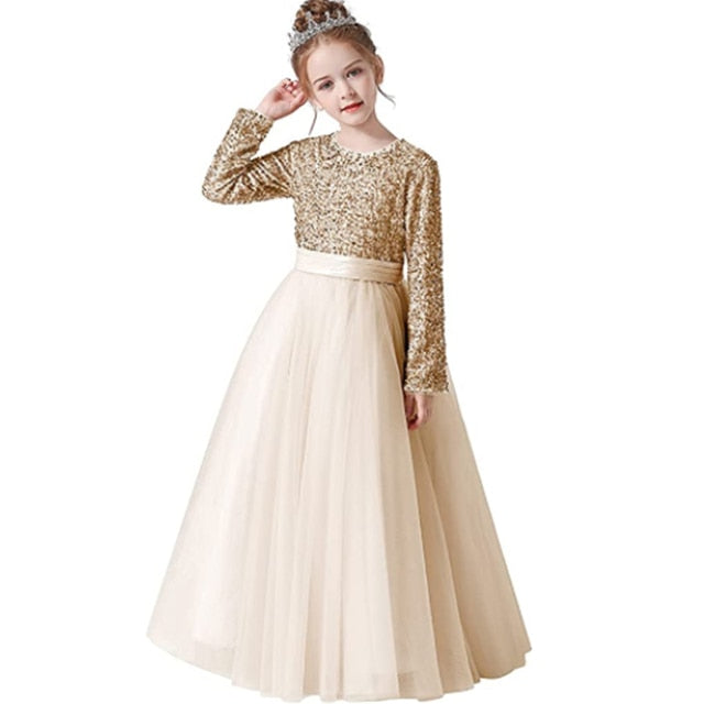 Dideyttawl Winter Glitter Sequins Long Sleeves Flower Girls Dresses For Wedding Tulle Birthday Party Christmas Dress For Girl