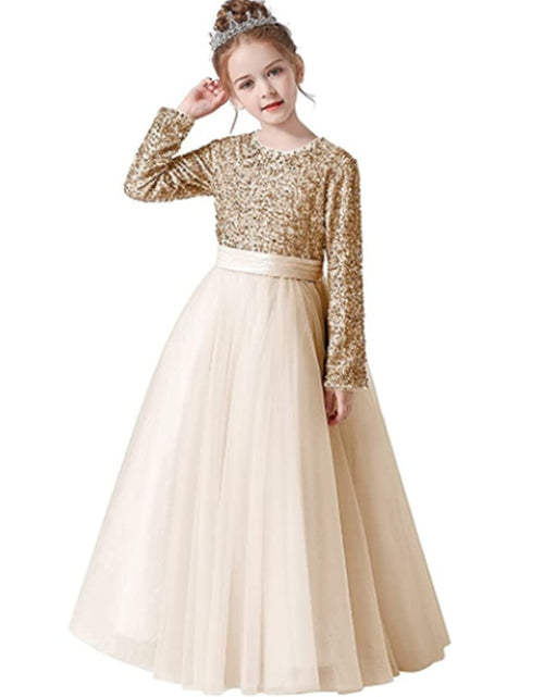 Load image into Gallery viewer, Dideyttawl Winter Glitter Sequins Long Sleeves Flower Girls Dresses For Wedding Tulle Birthday Party Christmas Dress For Girl
