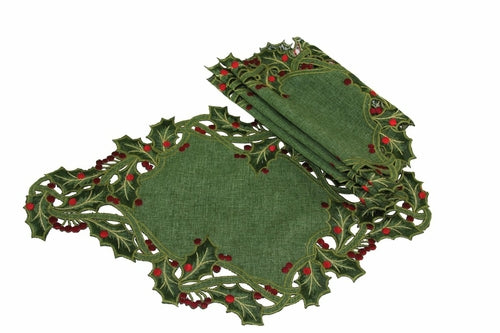 XD14791 Holly Embroidered Placemats, 12"x18", Set of 4
