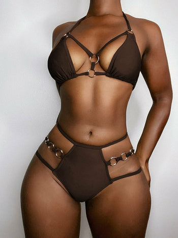 Hollow Out Steel Ring Lace-up Swimsuit