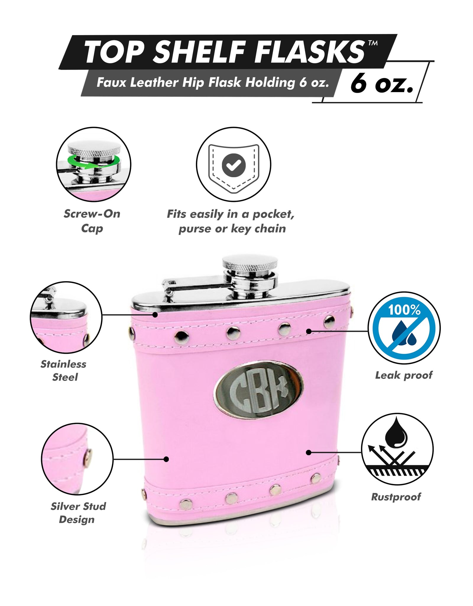 Silver Stud Hip Flask with Pink Faux Leather