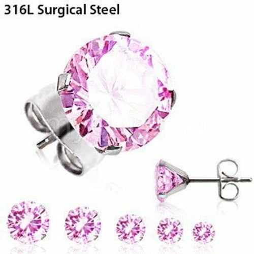 Load image into Gallery viewer, Pair of 316L Surgical Steel Pink Round CZ Stud Earrings
