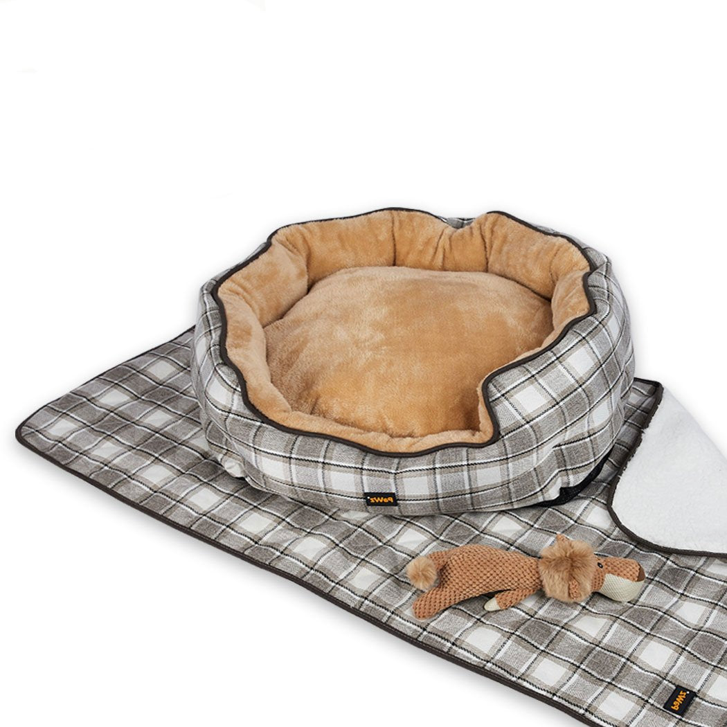 PaWz Pet Bed Set Dog Cat Quilted Blanket Squeaky Toy Calming Warm Soft