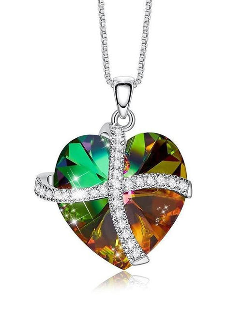 Load image into Gallery viewer, Crystals Rainbow Pave Heart Ribbon  Necklace
